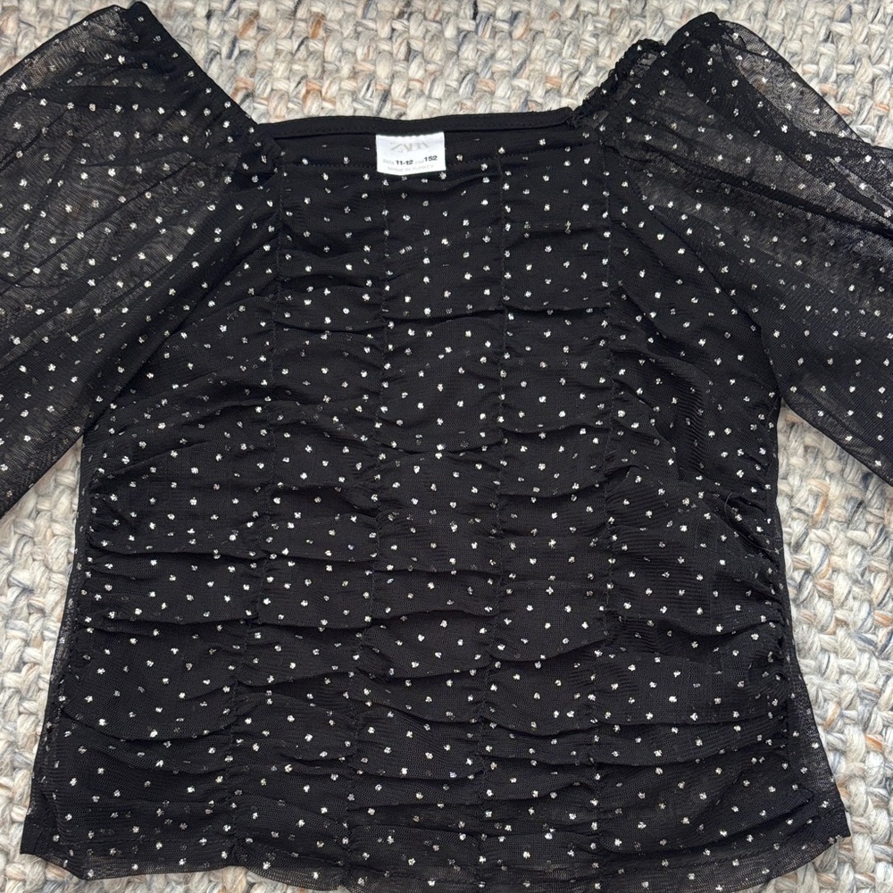 Zara Black Sheer Top with Silver Polka Dots